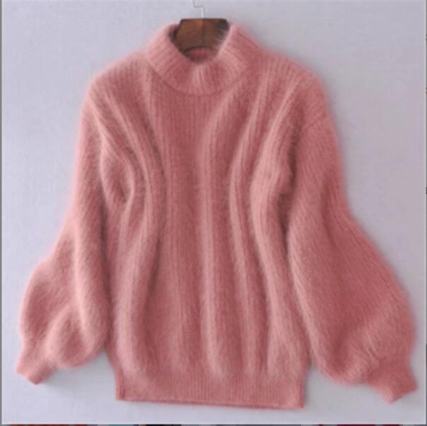 Jade | Women's Oversized Mock Neck Sweater – Relaxed Fit Long Sleeve Knit Pullover – Pink