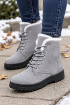 Jenna | Women's Lace-Up Winter Boots – Plush Collar, Faux Suede, Chunky Lug Sole – Gray