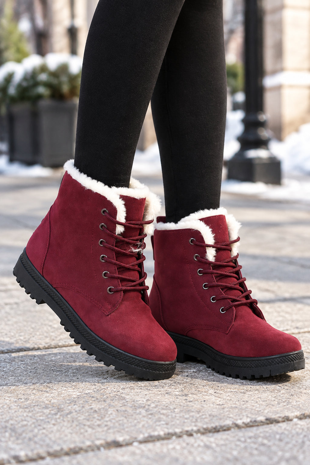 Jenna | Women's Lace-Up Winter Boots – Plush Collar, Faux Suede, Chunky Lug Sole