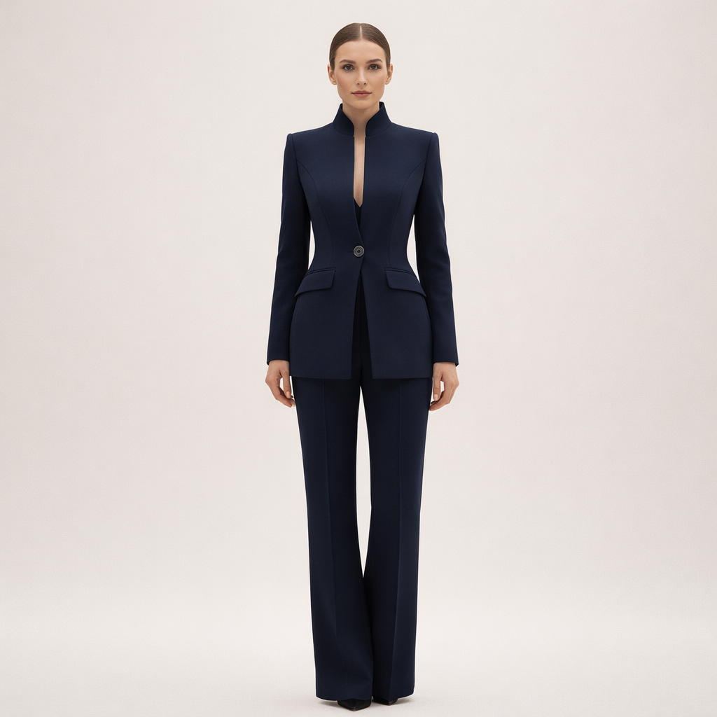 Joanna – Women's Tailored Pantsuit – Stand Collar Blazer and Flared Trousers