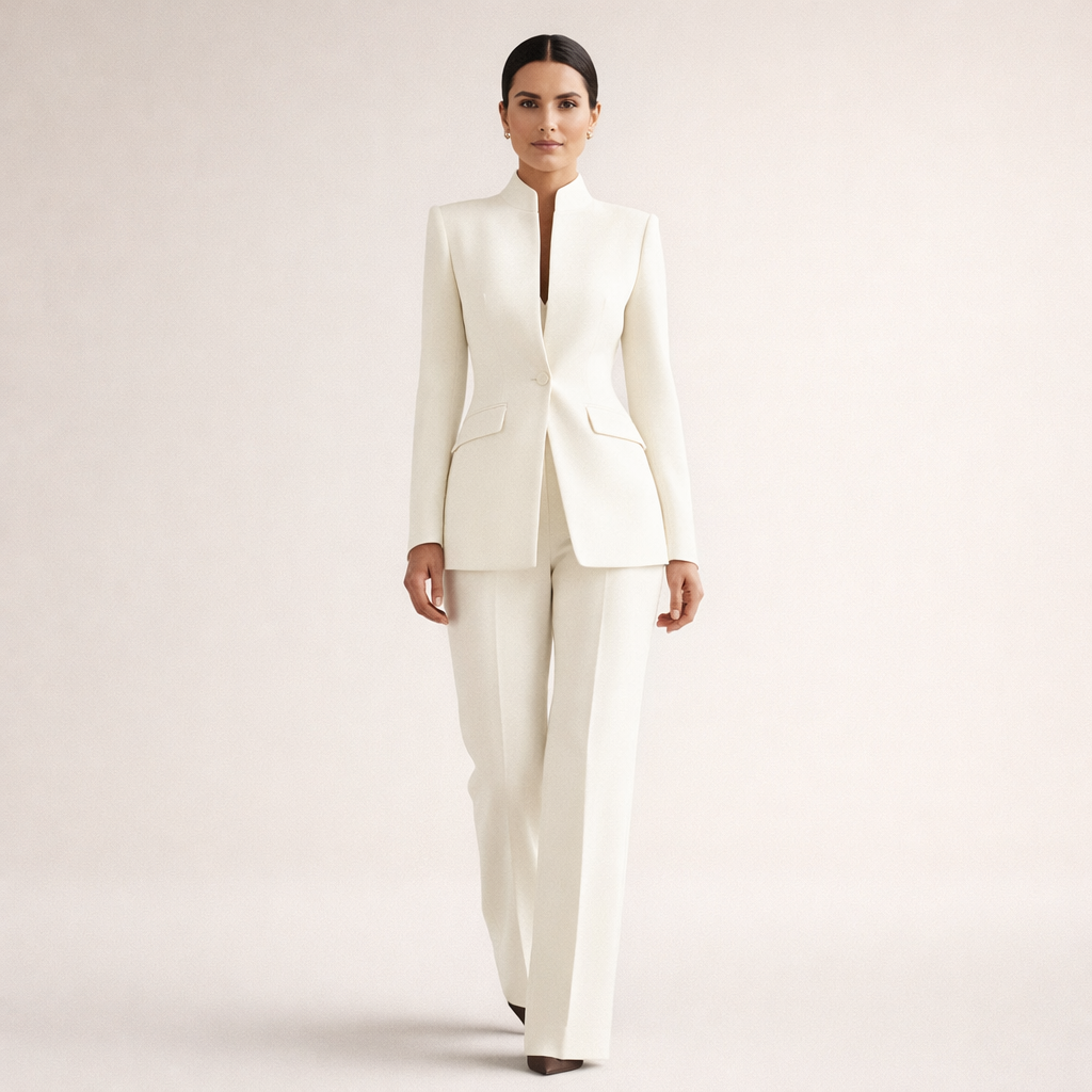 Joanna – Women's Tailored Pantsuit – Stand Collar Blazer and Flared Trousers