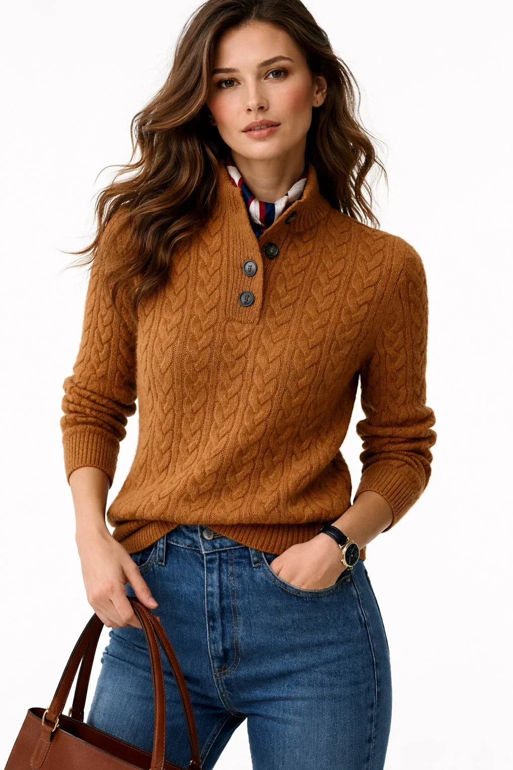 Joy | Women's Cable Knit Wool-Blend Sweater – Button Mock Neck Pullover – Brown