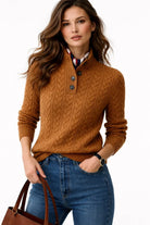 Joy | Women's Cable Knit Wool-Blend Sweater – Button Mock Neck Pullover – Brown