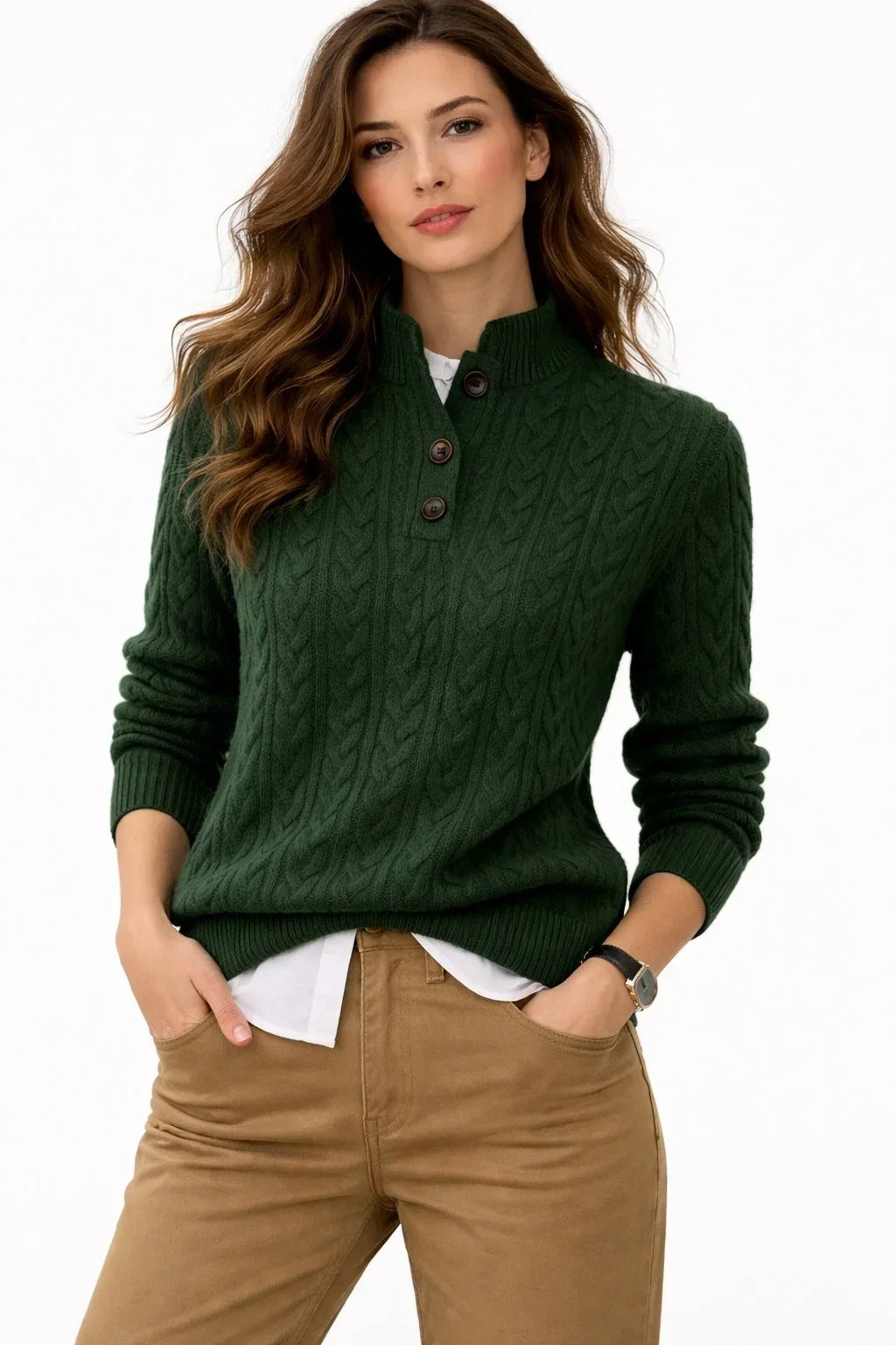Joy | Women's Cable Knit Wool-Blend Sweater – Button Mock Neck Pullover – Green