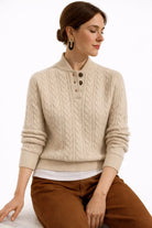 Joy | Women's Cable Knit Wool-Blend Sweater – Button Mock Neck Pullover – Khaki