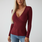 Juliet | Women's Ribbed Wrap Sweater – V-Neck, Side Button Detail, Long Sleeves – Wine Red