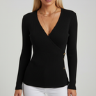 Juliet | Women's Ribbed Wrap Sweater – V-Neck, Side Button Detail, Long Sleeves – Black
