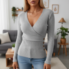 Juliet | Women's Ribbed Wrap Sweater – V-Neck, Side Button Detail, Long Sleeves