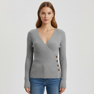 Juliet | Women's Ribbed Wrap Sweater – V-Neck, Side Button Detail, Long Sleeves