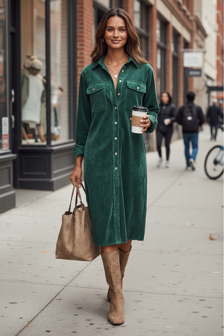 Juniper – Women's Corduroy Shirt Dress – Button Front Midi with Chest Pockets