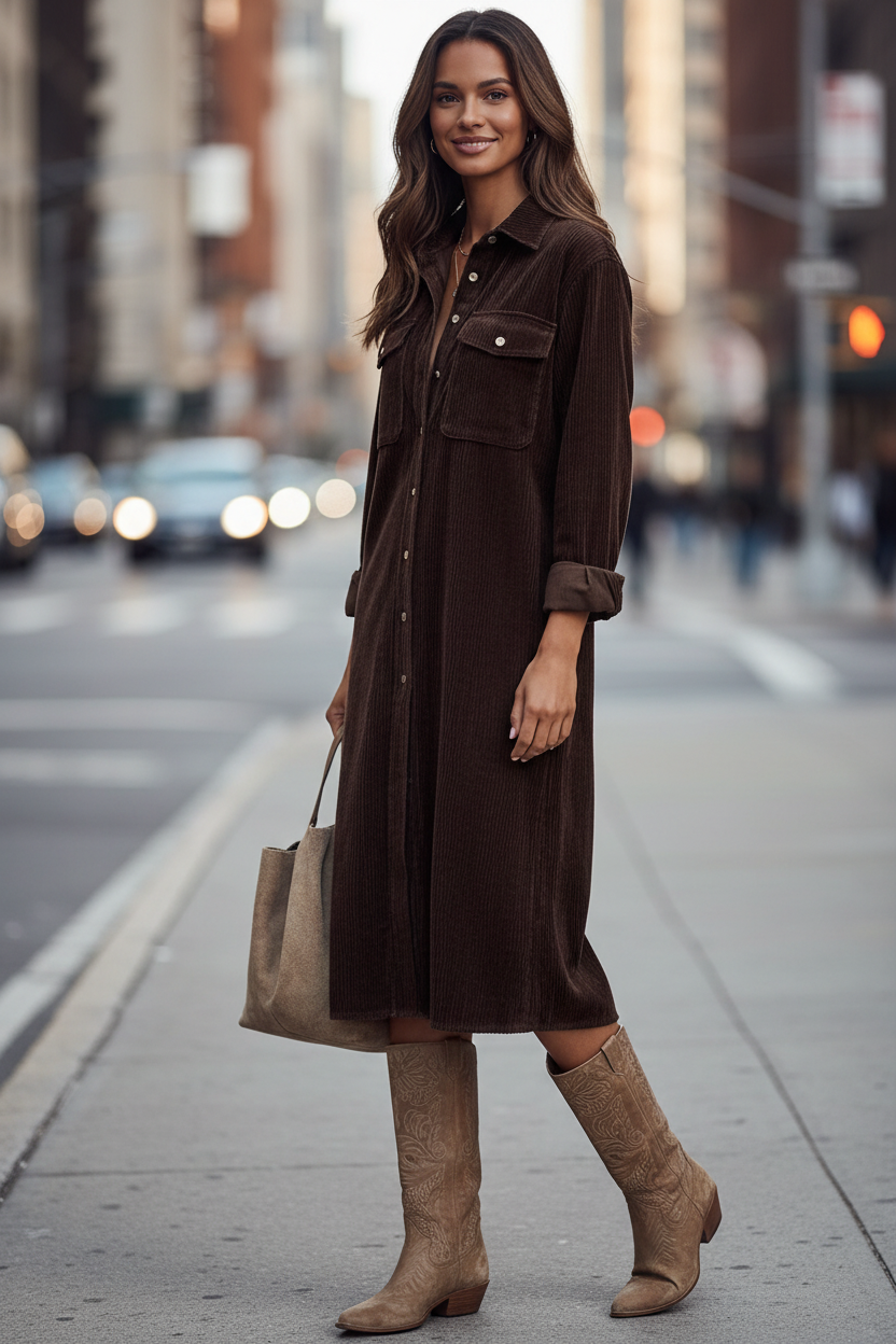 Juniper – Women's Corduroy Shirt Dress – Button Front Midi with Chest Pockets