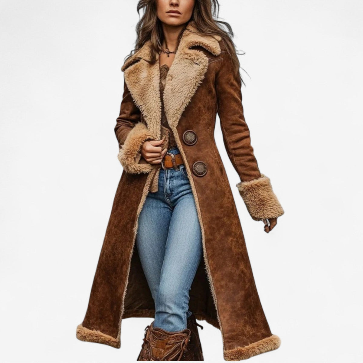 Kara | Women's Sherpa Lined Long Winter Coat – Wide Lapel, Flared Hem – Brown