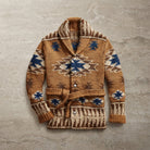Katherine | Women's Southwestern Jacquard Cardigan – Shawl Collar, Belted, Chunky Knit – Brown