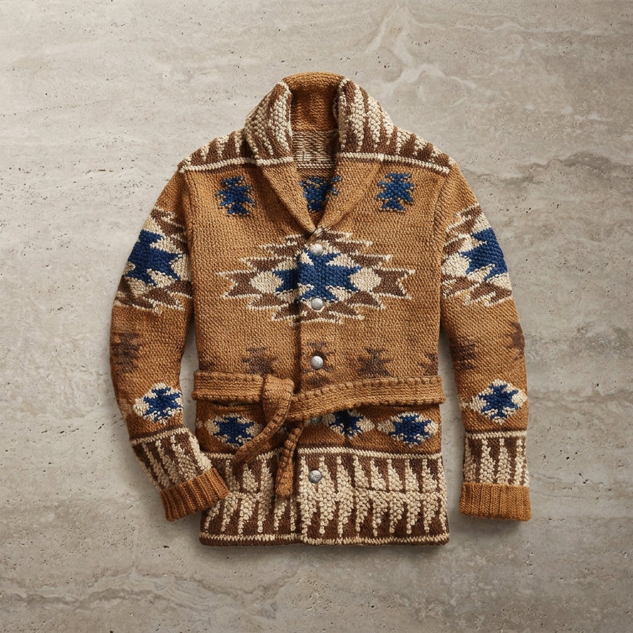 Katherine | Women's Southwestern Jacquard Cardigan – Shawl Collar, Belted, Chunky Knit
