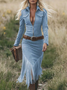 Keira | Women's Faux Suede Midi Dress – Long Sleeve with Lapel Collar and Zip Front – Light Blue