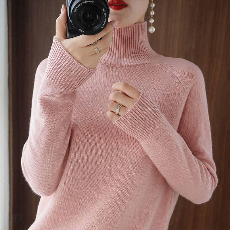 Kelly | Women's Fitted Turtleneck Sweater – Raglan Long Sleeves, Ribbed Collar and Cuffs – Pink