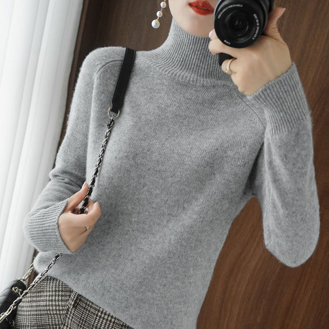Kelly | Women's Fitted Turtleneck Sweater – Raglan Long Sleeves, Ribbed Collar and Cuffs – Gray