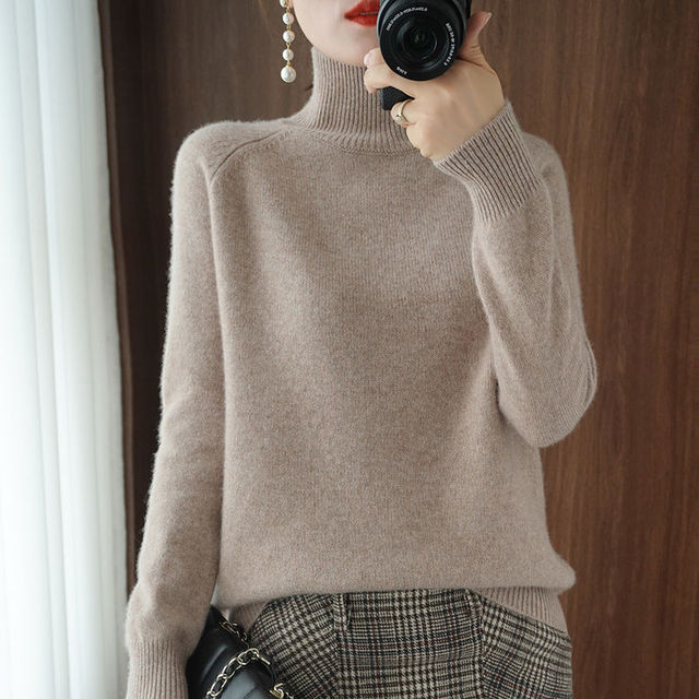 Kelly | Women's Fitted Turtleneck Sweater – Raglan Long Sleeves, Ribbed Collar and Cuffs – Taupe
