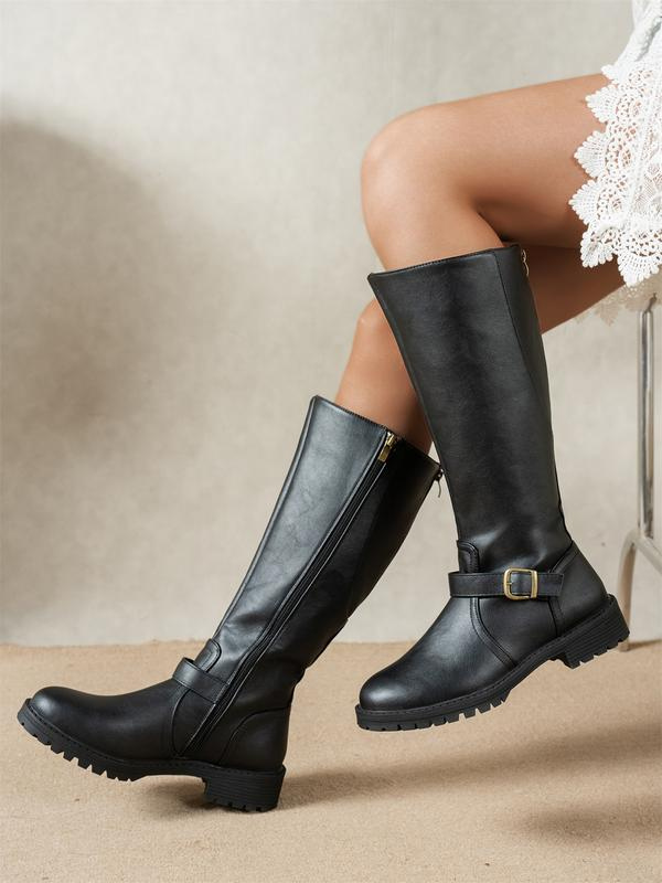 Kendall | Women's Leather-Look Knee High Boots – Chunky Lug Sole with Wide Toe Box – Black