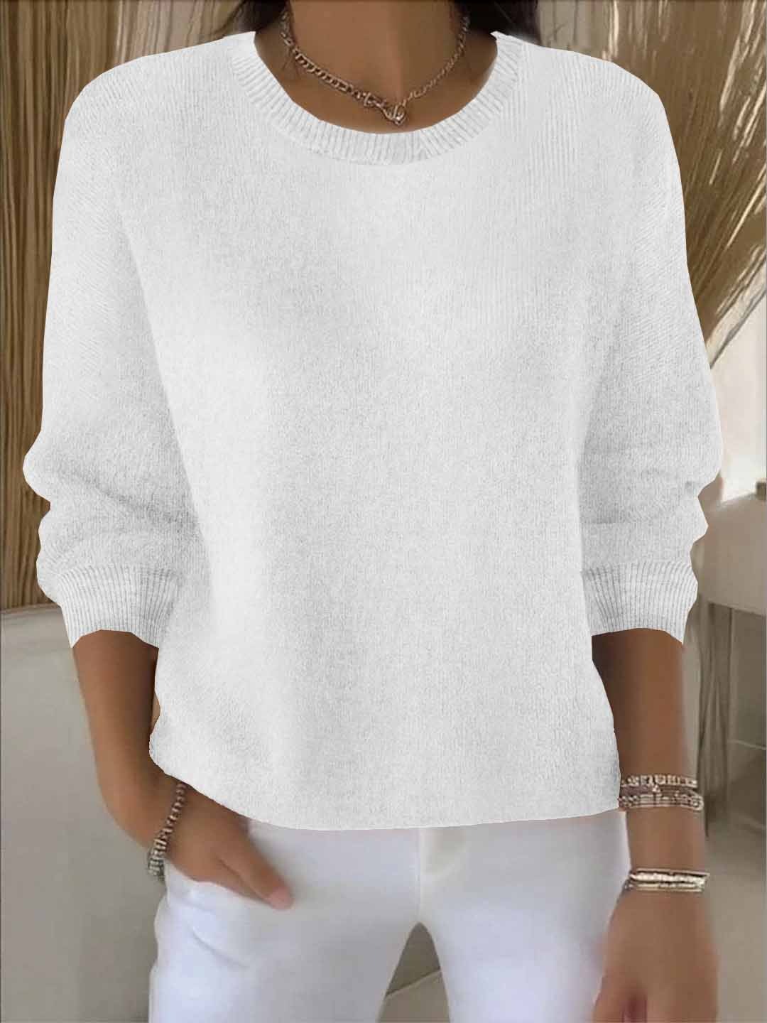 Kira | Women's Soft Crewneck Sweater – Relaxed Long Sleeve Knit Pullover – White