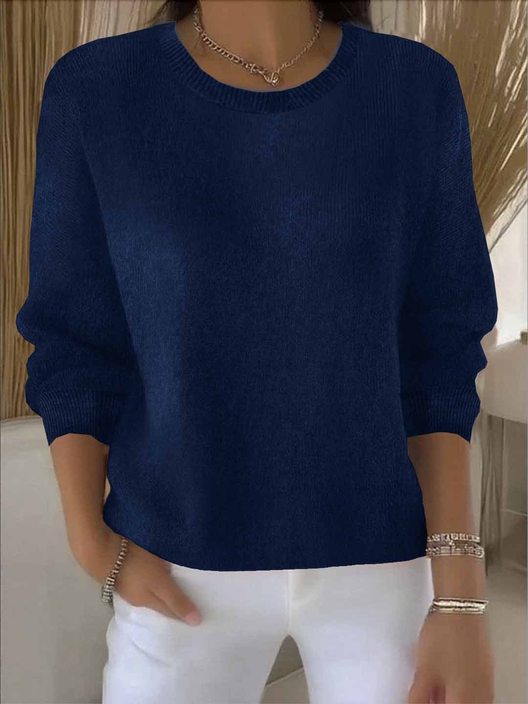 Kira | Women's Soft Crewneck Sweater – Relaxed Long Sleeve Knit Pullover – Navy