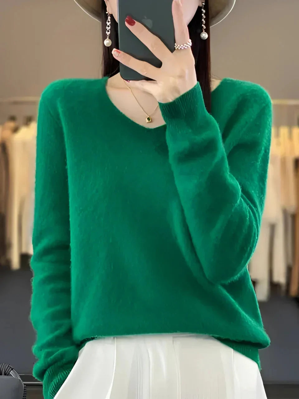 Lainey | Women's Soft Brushed V-Neck Sweater – Long Sleeve, Ribbed Cuffs and Hem – Emerald Green