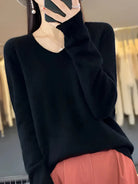 Lainey | Women's Soft Brushed V-Neck Sweater – Long Sleeve, Ribbed Cuffs and Hem – Black