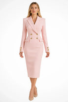 Lana | Women's Double-Breasted Blazer Dress – Long Sleeve Fitted Midi with Gold Buttons – Pink