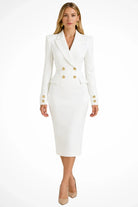 Lana | Women's Double-Breasted Blazer Dress – Long Sleeve Fitted Midi with Gold Buttons – White