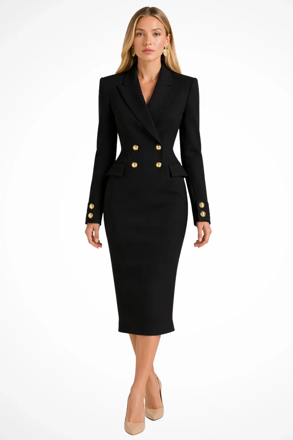 Lana | Women's Double-Breasted Blazer Dress – Long Sleeve Fitted Midi with Gold Buttons – Black