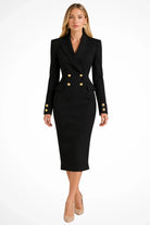 Lana | Women's Double-Breasted Blazer Dress – Long Sleeve Fitted Midi with Gold Buttons – Black