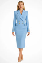 Lana | Women's Double-Breasted Blazer Dress – Long Sleeve Fitted Midi with Gold Buttons – Blue