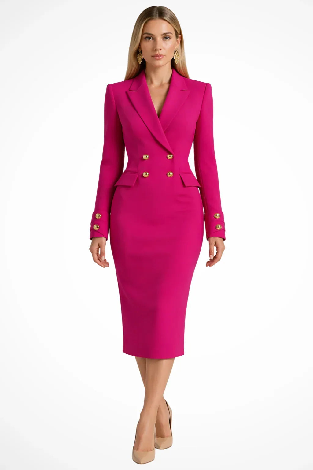 Lana | Women's Double-Breasted Blazer Dress – Long Sleeve Fitted Midi with Gold Buttons