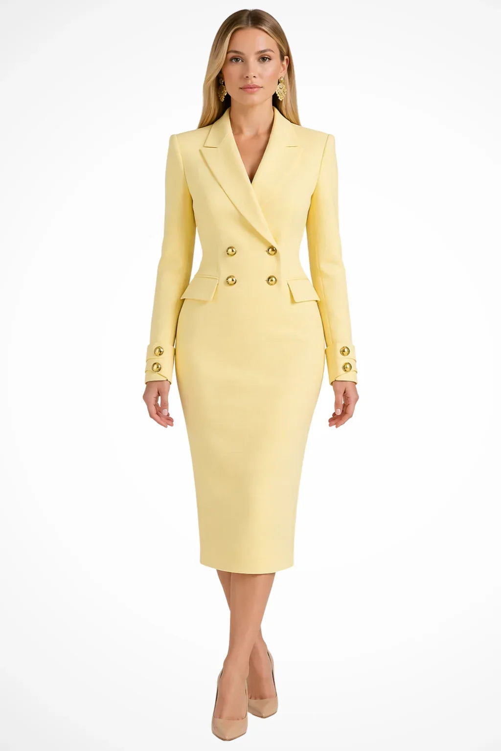 Lana | Women's Double-Breasted Blazer Dress – Long Sleeve Fitted Midi with Gold Buttons – Yellow