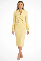 Lana | Women's Double-Breasted Blazer Dress – Long Sleeve Fitted Midi with Gold Buttons – Yellow