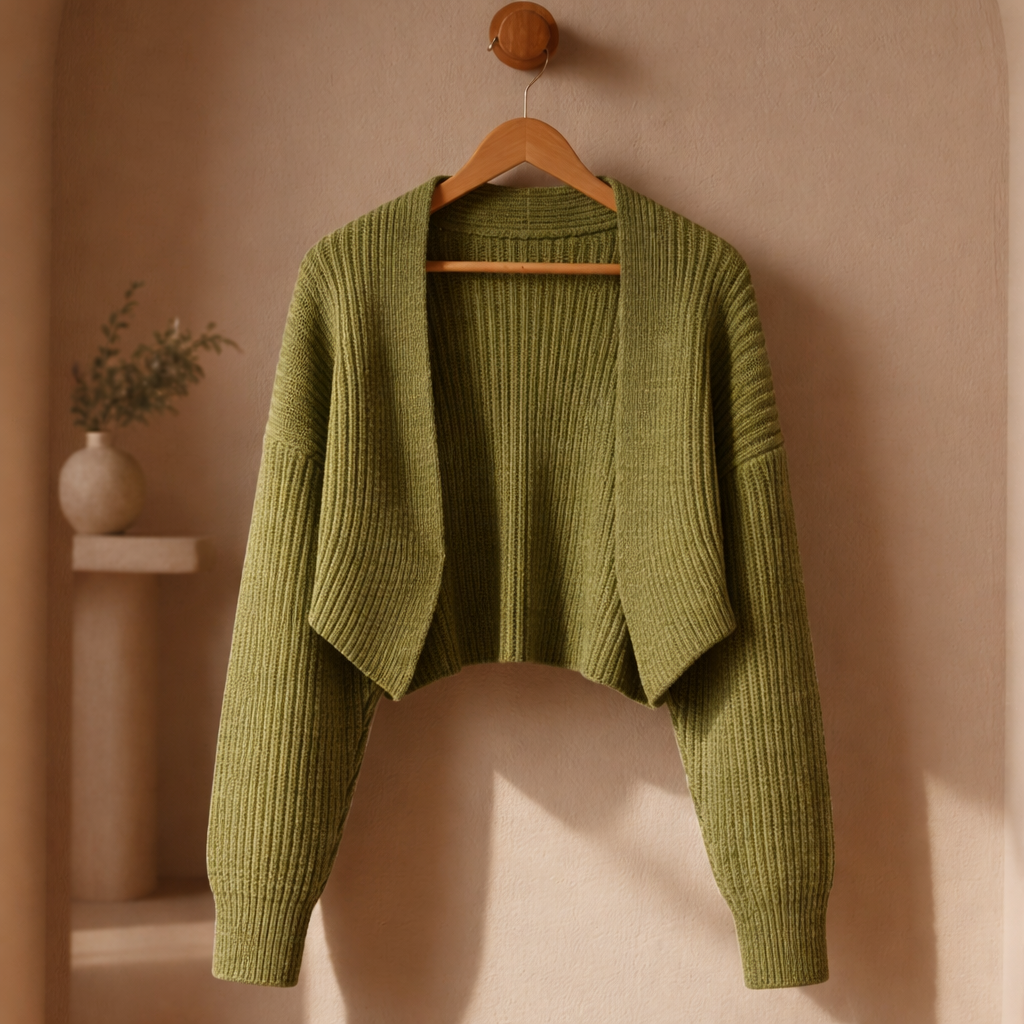 Leila | Women's Cropped Open-Front Cardigan – Cotton-Blend Knit Shrug – Green