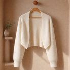 Leila | Women's Cropped Open-Front Cardigan – Cotton-Blend Knit Shrug – White