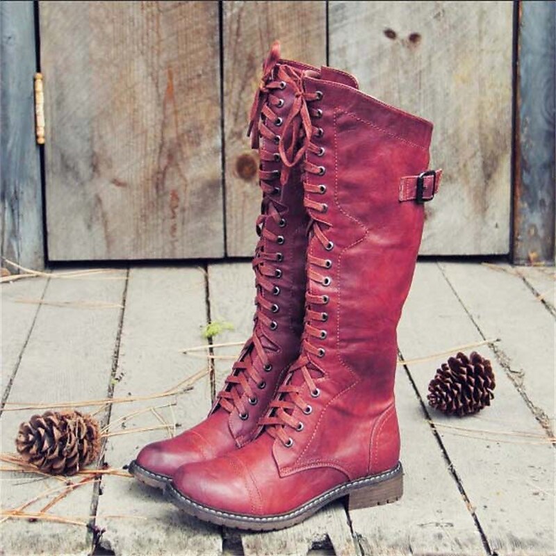 Leonie | Women's Lace-Up Knee-High Riding Boots – Padded Insole, Tread Sole – Red