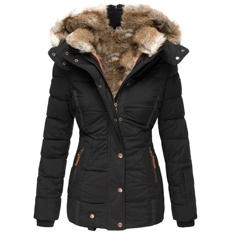 Liesel | Women's Quilted Winter Coat – Faux Fur Lined Hood, Cinched Waist – Black