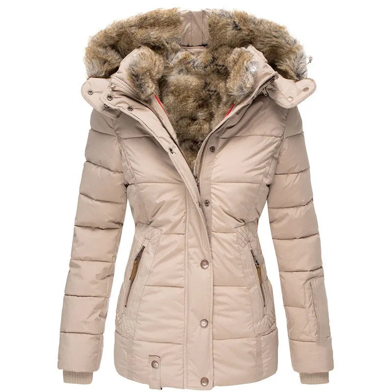 Liesel | Women's Quilted Winter Coat – Faux Fur Lined Hood, Cinched Waist – Beige