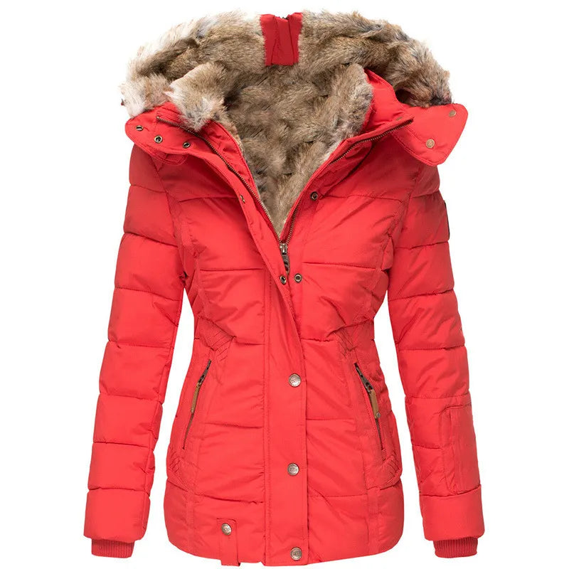 Liesel | Women's Quilted Winter Coat – Faux Fur Lined Hood, Cinched Waist – Red