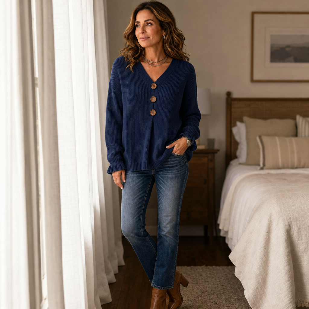 Romy | Women's V-Neck Ribbed Knit Pullover – Hip-Length Sweater