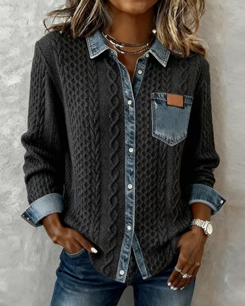 Lila | Women's Cable Knit Cardigan with Denim Collar – Button Front Sweater – Gray