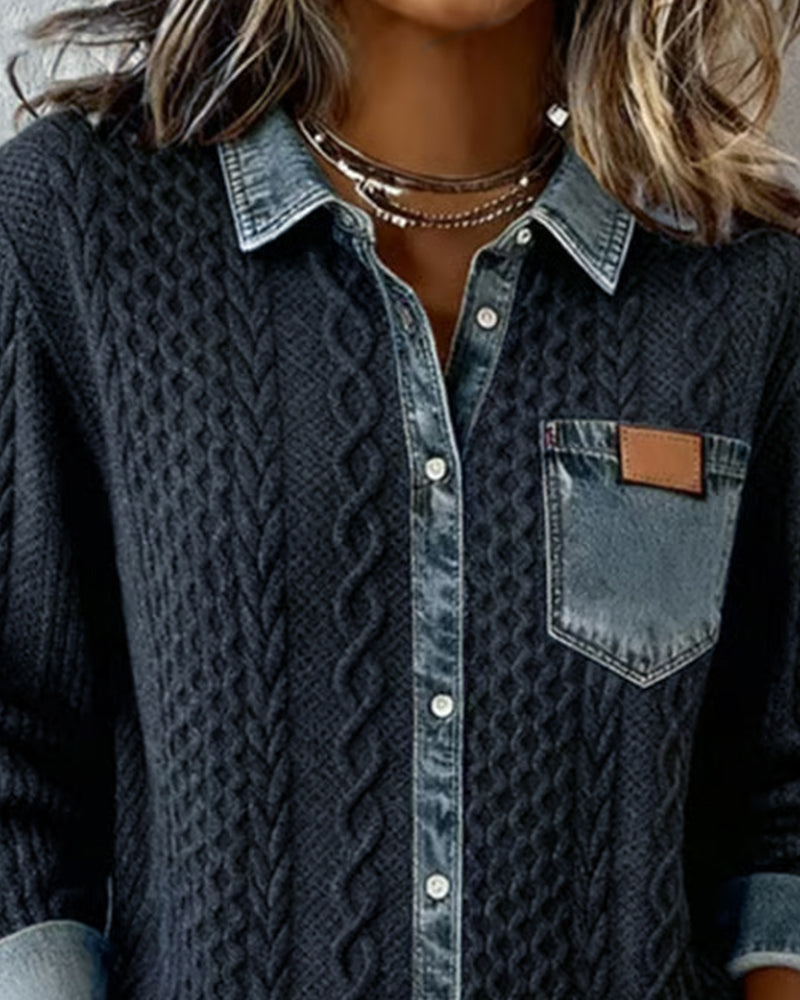 Lila | Women's Cable Knit Cardigan with Denim Collar – Button Front Sweater