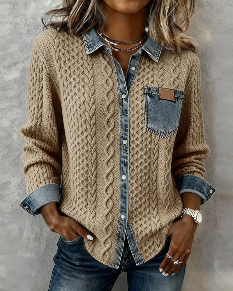 Lila | Women's Cable Knit Cardigan with Denim Collar – Button Front Sweater – Khaki