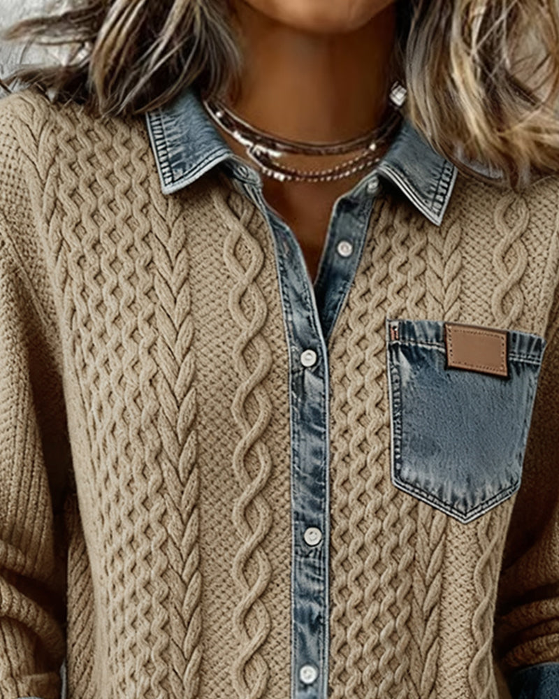 Lila | Women's Cable Knit Cardigan with Denim Collar – Button Front Sweater