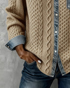 Lila | Women's Cable Knit Cardigan with Denim Collar – Button Front Sweater