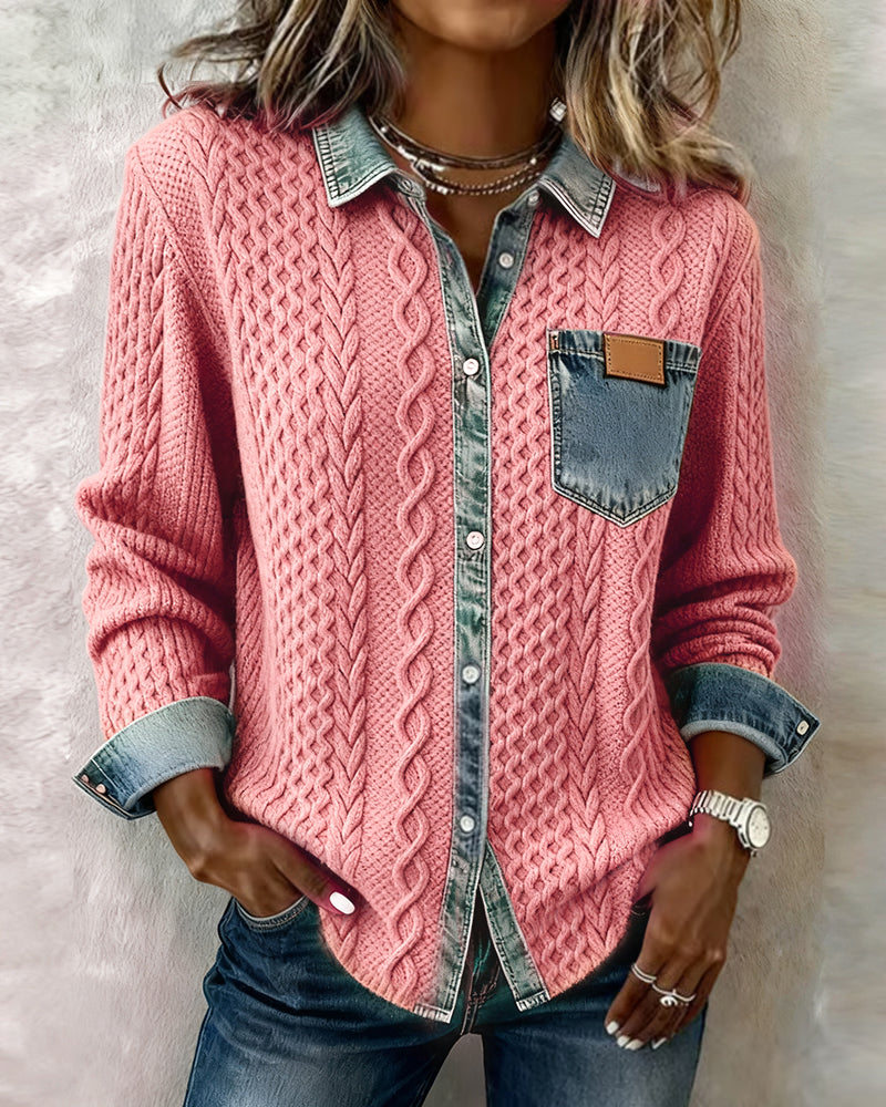 Lila | Women's Cable Knit Cardigan with Denim Collar – Button Front Sweater – Pink