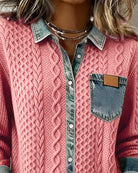 Lila | Women's Cable Knit Cardigan with Denim Collar – Button Front Sweater