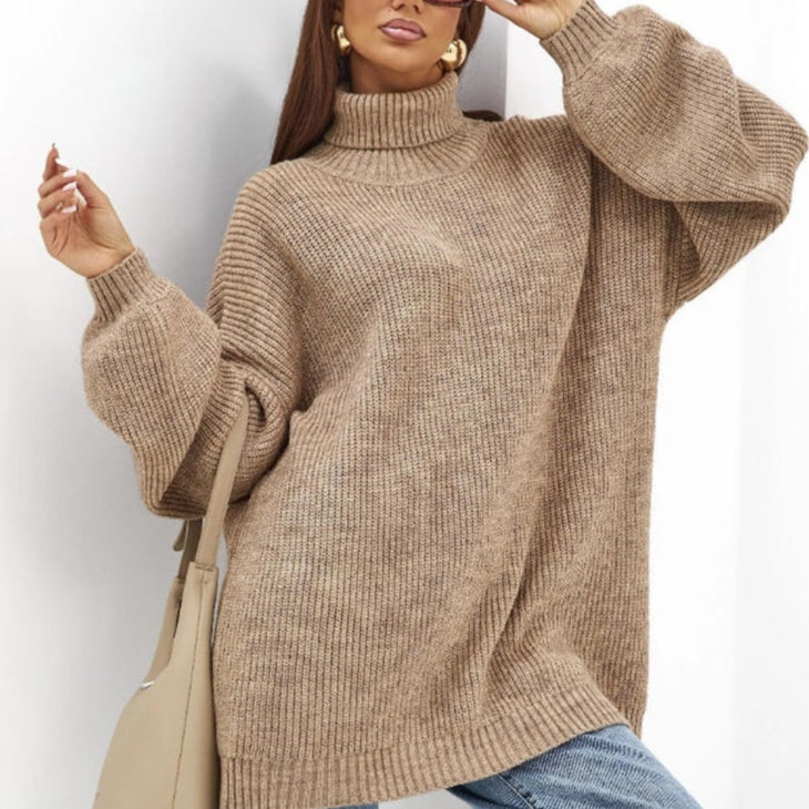 Lillian | Women's Oversized Turtleneck Sweater – Ribbed Knit, Balloon Sleeves, Tunic Length – Camel